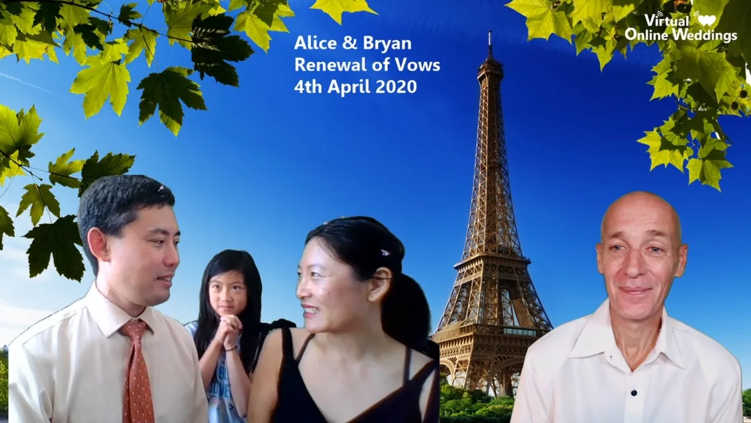 Asian American couple in virtual renewal of vows ceremony with Virtual Celebrant next to them and daughter and Eiffel tower in background, with blue skya and green tree leaves.