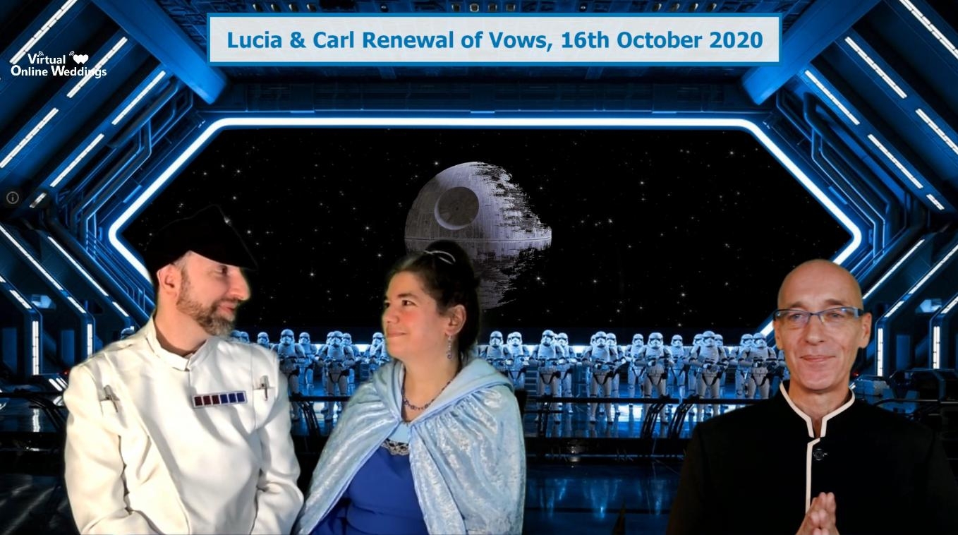 Costumed couple enjoying a Star Wars themed Online Renewal of Vows Ceremony, with Virtual Minister and images of Death Star and Storm Troopers on deck of a Starship in background.
