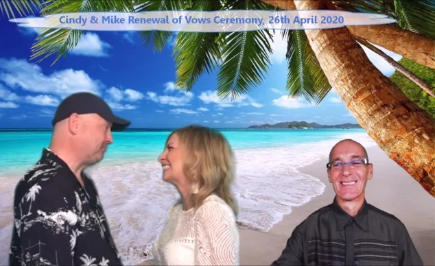 Virtual Celebrant performing online Renewal of Vows ceremony with handsome middle aged couple at beach with palm tree to right side, while enjoying our great Pricing-Features.