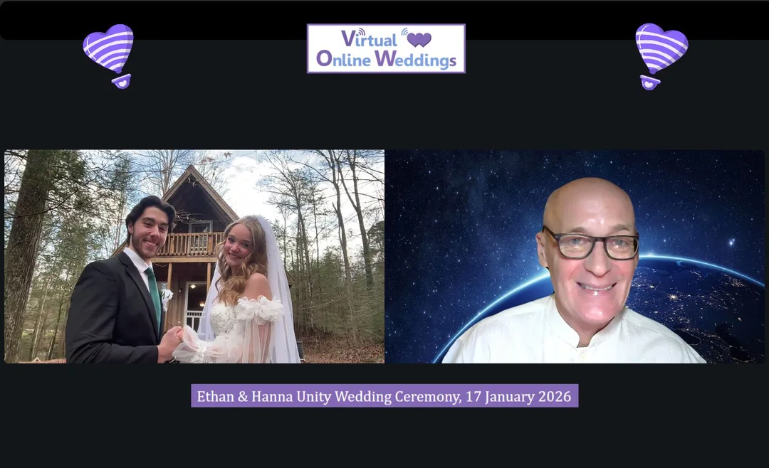 Young couple doing Exchange of Rings during a Virtual Online Unity Wedding, with Virtual Minister and beachside background with palm trees and blue skies.