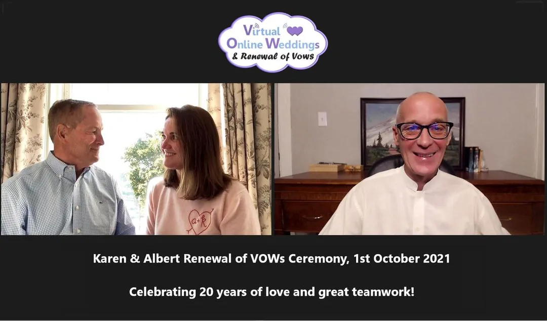 Handscome middle-aged couple sitting side-by-side next to the Virtual Minister, withimage of Colorado mountains in autumn as the virtual background