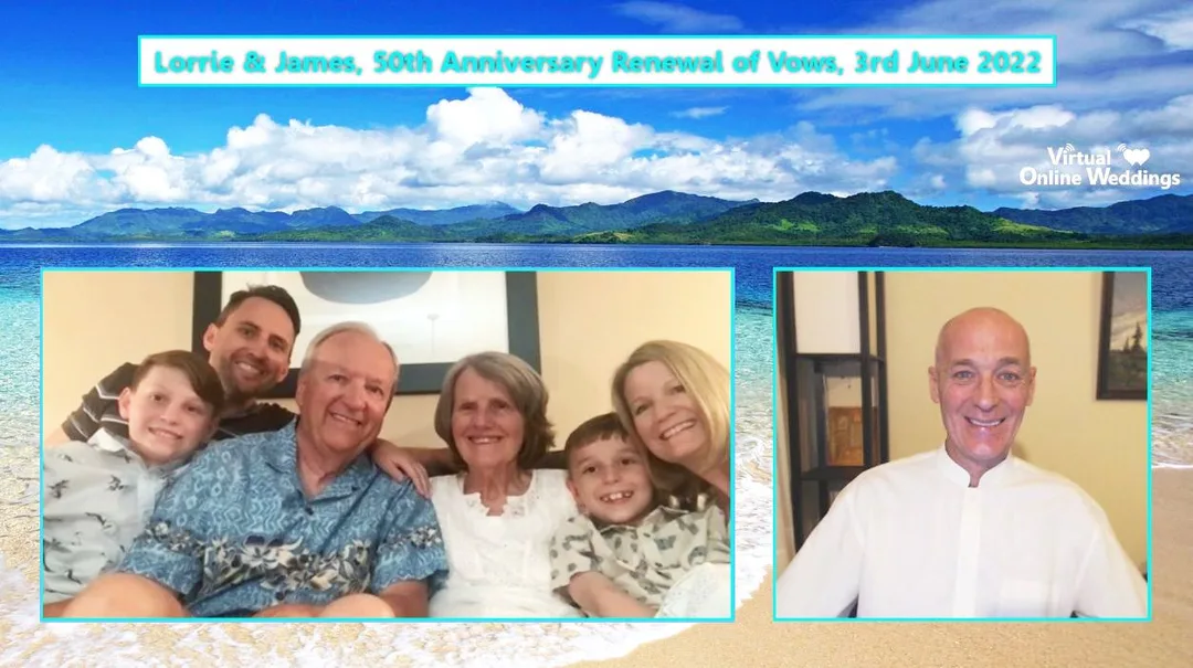 Handsome Singaporean couple enjoying a Virtual Online Renewal of Vows Ceremony with Virtual Minister via Zoom, celebrating 25th Anniversary.