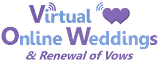 Virtual Online Weddings logo purple and blue text in a white cloud with purple ring, 2 hearts and wifi symbols.