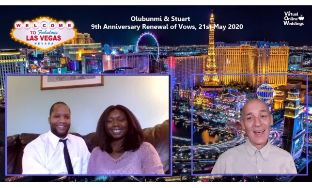 Super cute African American couple and Virtual Celebrant with Las Vegas mains strip aerial view as background and also VOWs logo plus famous Welcome to Las Vegas Sign