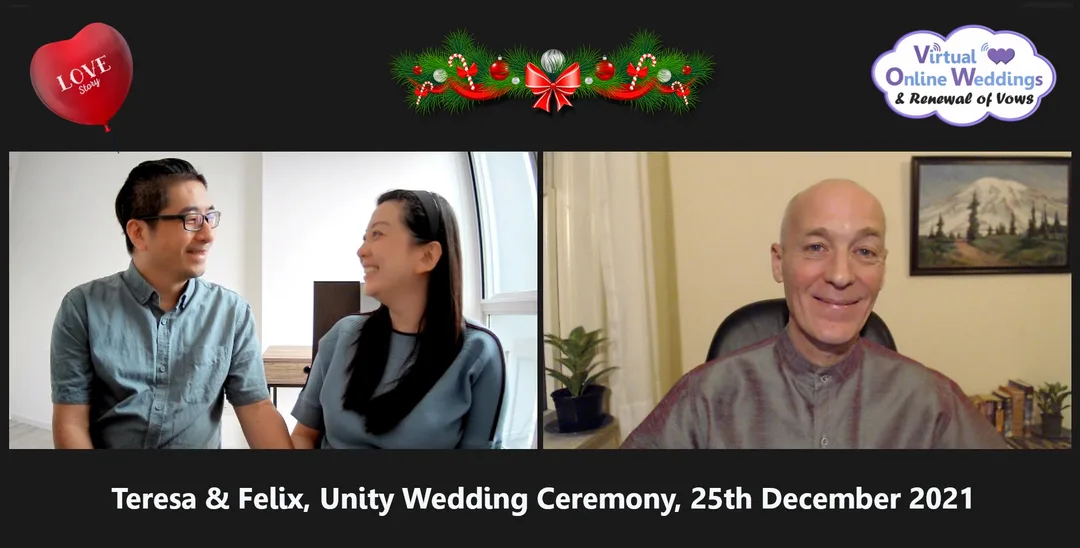 Young couple doing Exchange of Rings during a Virtual Online Unity Wedding, with Virtual Minister and beachside background with palm trees and blue skies.